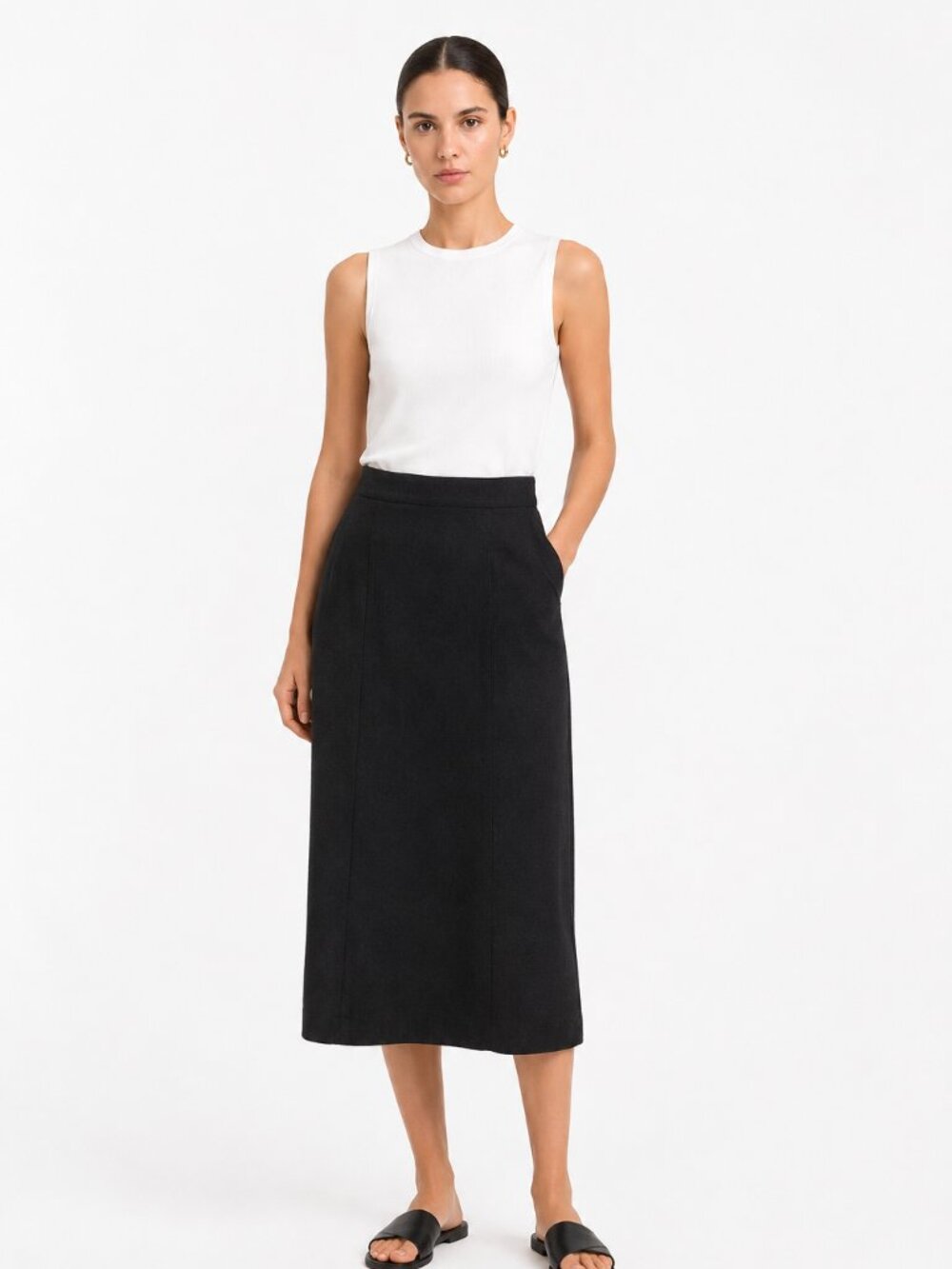 JEAN CLAUDE PARIS DESIGNER VINTAGE BLACK PURE WOOL STRAIGHT MIDI FORMAL SKIRT